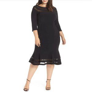 NWT Xscape [ 20W ] Illusion Shadow Stripe Flounce‎ Hem Midi Dress in Black